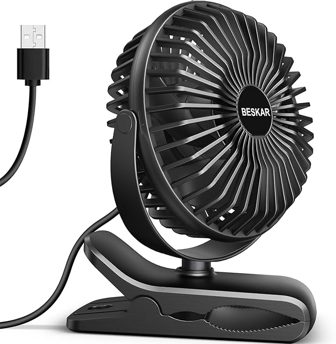 BESKAR Small Clip on Fan, 3 Speeds USB Fans with Strong Airflow, Clip & Desk Fans USB Plug in with Sturdy Clamp - Ultra Quiet operation for Office Dorm Bedroom Stroller