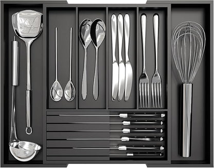 Bamboo Kitchen Silverware Drawer Organizer - Expandable Wood Utensil Holder with Dividers, Luxury Cutlery Storage Tray for Kitchen Utensil and Flatware (5-7 Slots with Removable Knife Block, Black)
