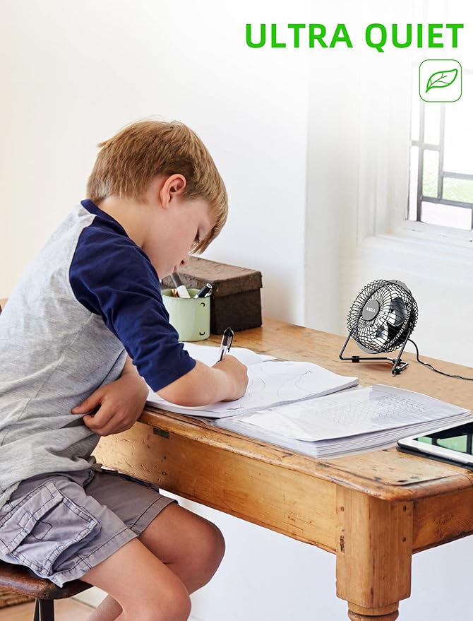 xasla 4 Inch Small USB Desk Fan, Mini Quiet Fan with Metal Construction & Strong Airflow & 360°Adjustable Tilt Angle, Personal Cooling Fan for Desktop Office (Black)
