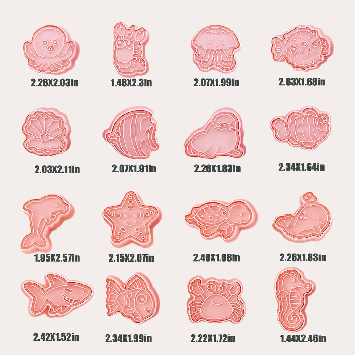 16Pcs Ocean Animal Cookie Cutters with Plunger Stamps Set, Fish, Dolphin, Starfish Plastic Biscuit Cutters
