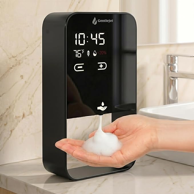 GentleJet EliteJet Automatic Foaming Soap Dispenser – Touchless Sensor, LED Display, 5 Foam Levels, Wall Mount or Countertop, Rechargable USB-C or Battery Powered, Aluminum Alloy, 480 ml Refillable