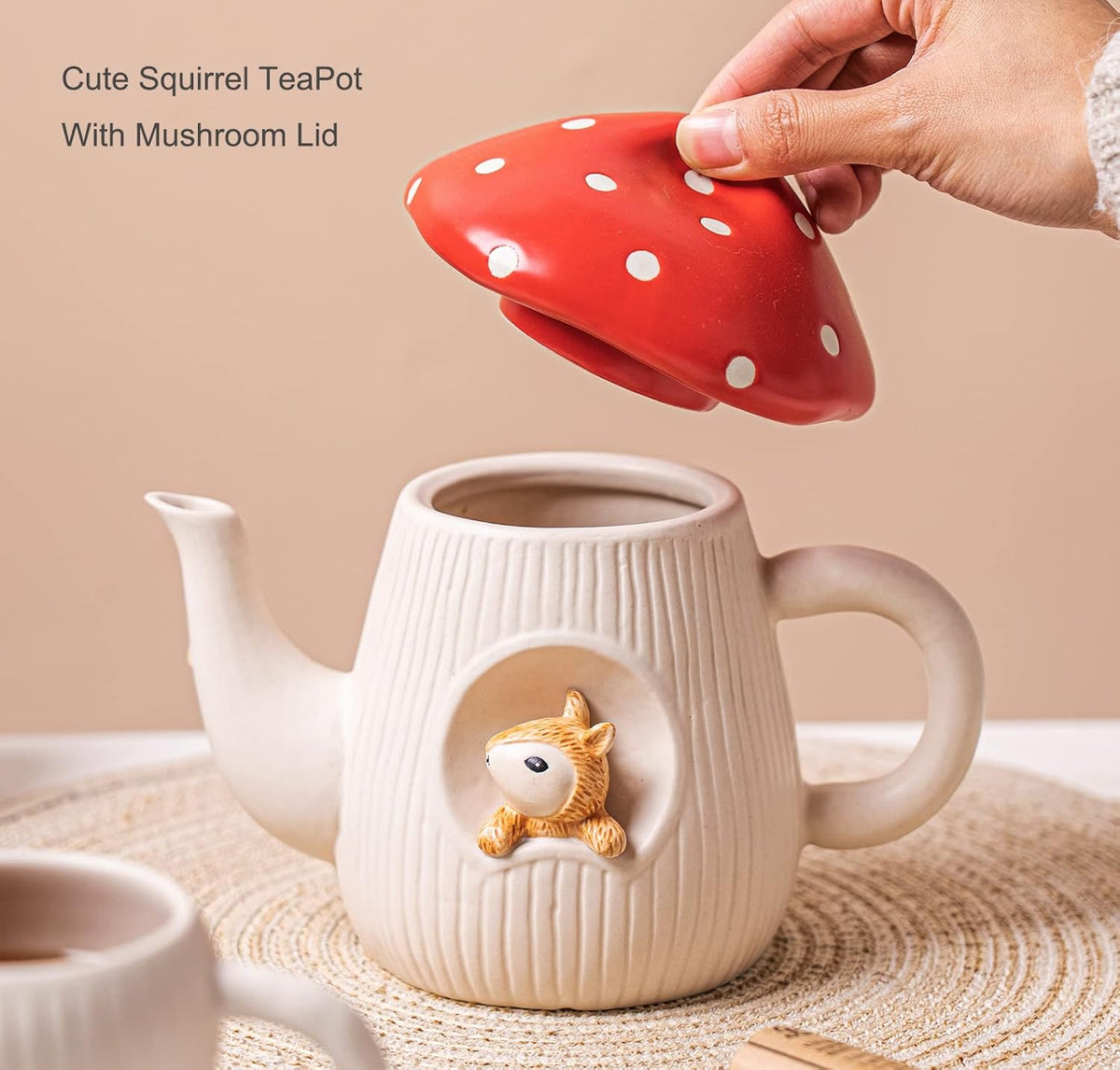 Cute Mushroom Teapot, Handmade Glaze Polka Dot Lid, Safety Matt Ceramic Tea Pot, With squirrel decoration. 23 oz / 680 ml