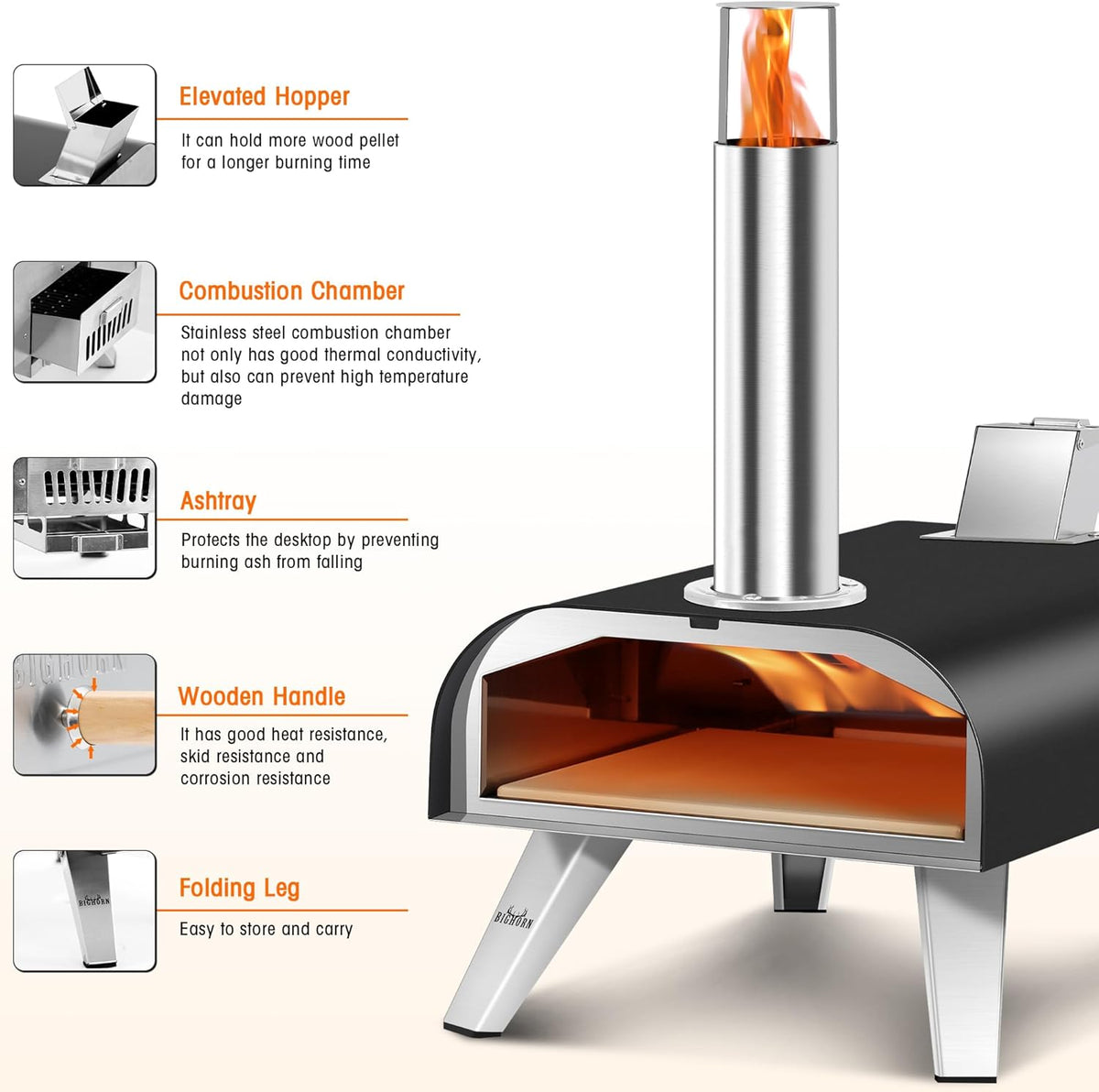 BIG HORN OUTDOORS 12" Black Pizza Ovens Wood Pellet Fired Pizza Maker, Stone-Baked Pizzas Made Easy Use Anywhere, Backyard Camping Party Cooking with your Family or Friend