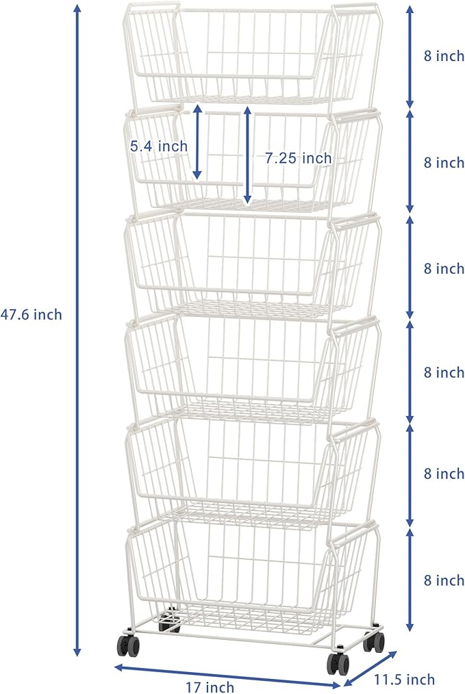 PUSDON 6-Tier Tall Stackable Wire Storage Baskets with Wheels, Vertical Metal Rolling Utility Cart, High Capacity Produce Basket for Kitchen Pantry, Snack Organizer, Classic White