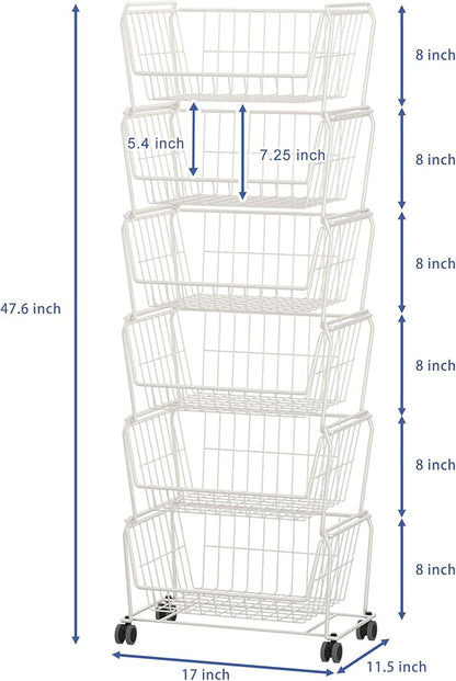 PUSDON 6-Tier Tall Stackable Wire Storage Baskets with Wheels, Vertical Metal Rolling Utility Cart, High Capacity Produce Basket for Kitchen Pantry, Snack Organizer, Classic White