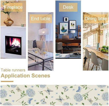 Spring Hydrangea Table Runner, Summer Moth Watercolor Sky Blue Butterfly Flowers Rustic Farmhouse Garden Print Table Cover for Kitchen Dining Room Table Home Party Decor,13x70inch