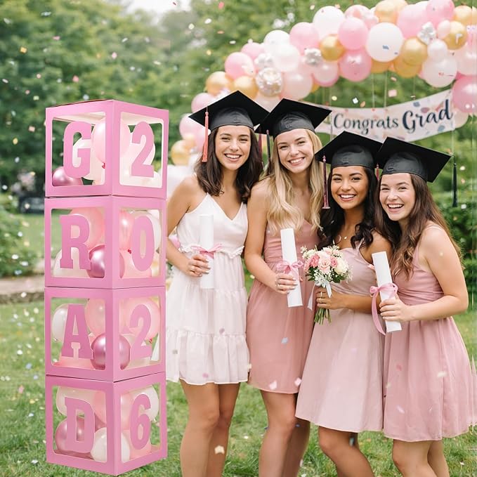 2026 Graduation Decorations - 4Pcs Pink Balloon Boxes with Letters 2026&Grad for Preschool Kindergarten Middle High School College Graduation Party Decorations Class of 2026