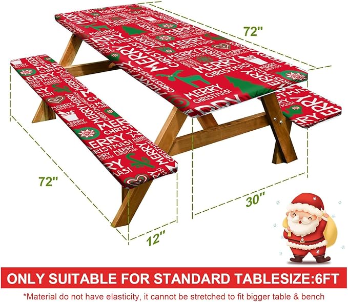 Picnic Table Cover with Bench Covers Set of 3, Elastic Fitted Tablecloth for 6 Foot Tables, Washable Polyester Tablecloths for Camping, Indoor & Outdoor