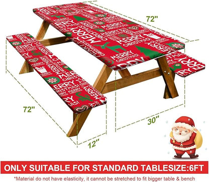 Picnic Table Cover with Bench Covers Set of 3, Elastic Fitted Tablecloth for 6 Foot Tables, Washable Polyester Tablecloths for Camping, Indoor & Outdoor