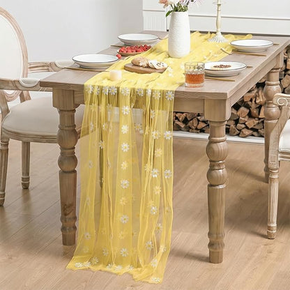 Horaldaily Yellow Embroidery Daisy Spring Summer Gauze Tablecloth 60×104 Inch Rectangular, Seasonal Tulle Table Cover, Garden Party Decorations for Wedding, Party, Holiday Dining