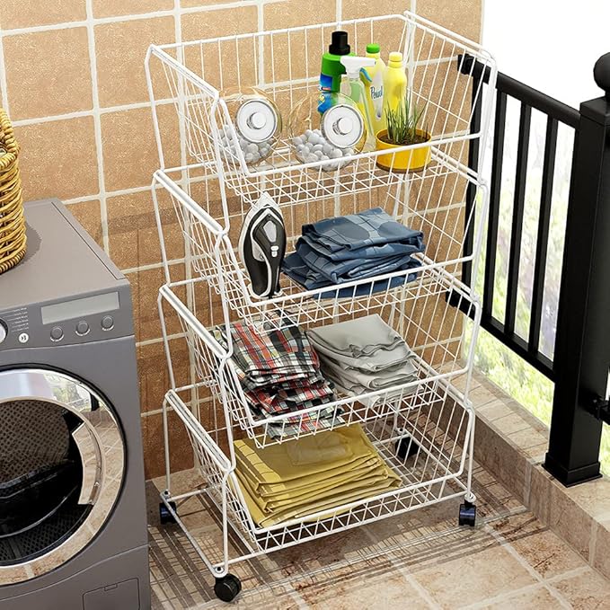 PUSDON 4-Tier Large Stackable Wire Storage Baskets with Wheels, Metal Rolling Utility Cart Organizer, Produce Basket for Kitchen Pantry, Floor Shelf, Classic White