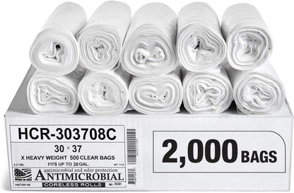 Aluf Plastics High Density Trash Bags, 30 Gallon, 2000 Count, 8 Micron (eq), 30" x 37", Clear, for Bathroom, Office, Industrial, Commercial, Janitorial, Municipal, Recycling