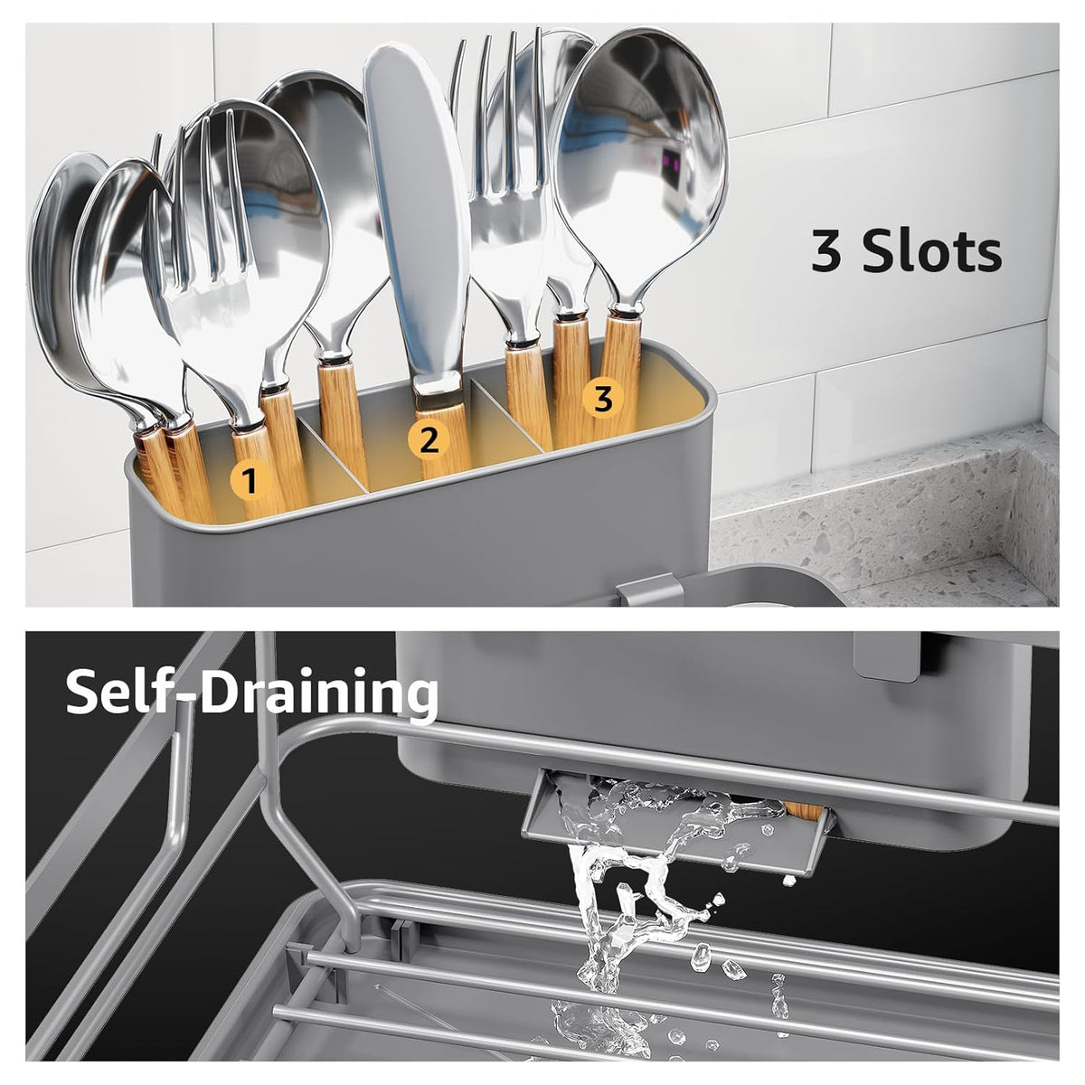 Dish Drying Rack for Kitchen Counter, Space-Saving Dish Rack, Multifunctional Dish Drainer Rack, Sink Kitchen Dishes Strainer, Dryer Rack with Drain Board, and Cutlery Holder,Small Size Gray