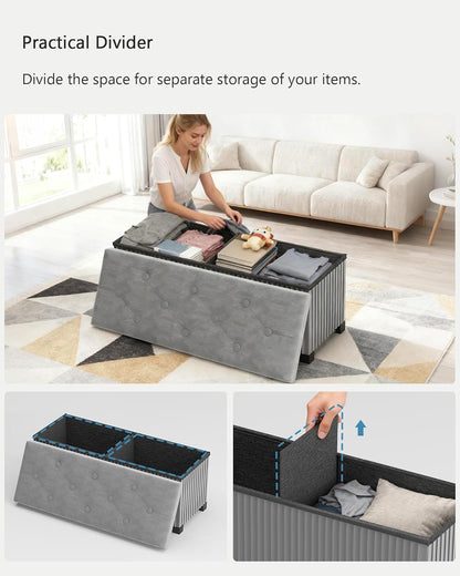 Storage Ottoman Bench, 43 Inch Foldable Ottoman with Legs, Velvet Foot Rest Stool, End of Bed Bench, Storage Chest for Living Room, Bedroom (Grey)