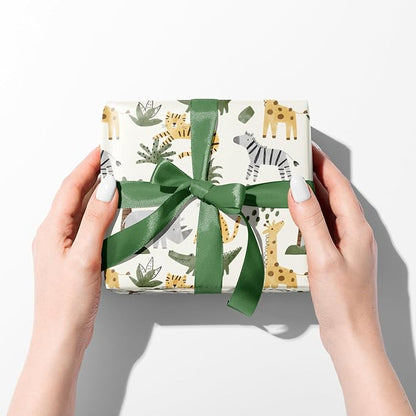 WRAPAHOLIC Kraft Baby Shower Wrapping Paper - Mini Roll - 3 Rolls - 17 Inch x 120 Inch - Jungle Animal Wrapping Ppaer for Neutral Baby Shower, Kids Boys Girls Birthday
