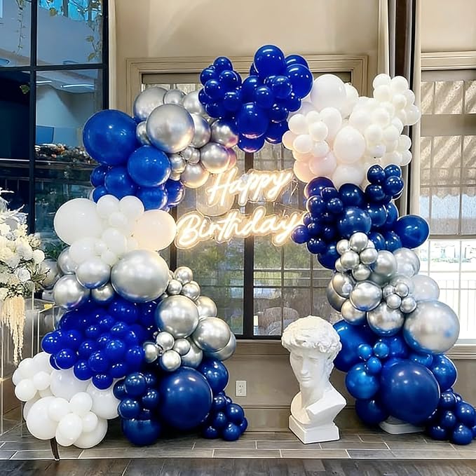60pcs Blue and Silver Balloons, 12inch Royal Blue White Metallic Silver Party Balloons for Graduation 2026, Father's Day, Men's Birthday, Sports Party Decorations