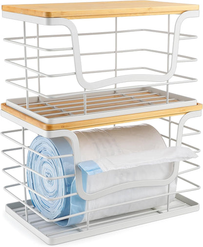 Trash Bag Dispenser Holder for Kitchen 2 Pack White Garbage Bag Organizer Wall Mount Stackable Bin with Bamboo Lid for Countertop, Under Sink, Laundry Room