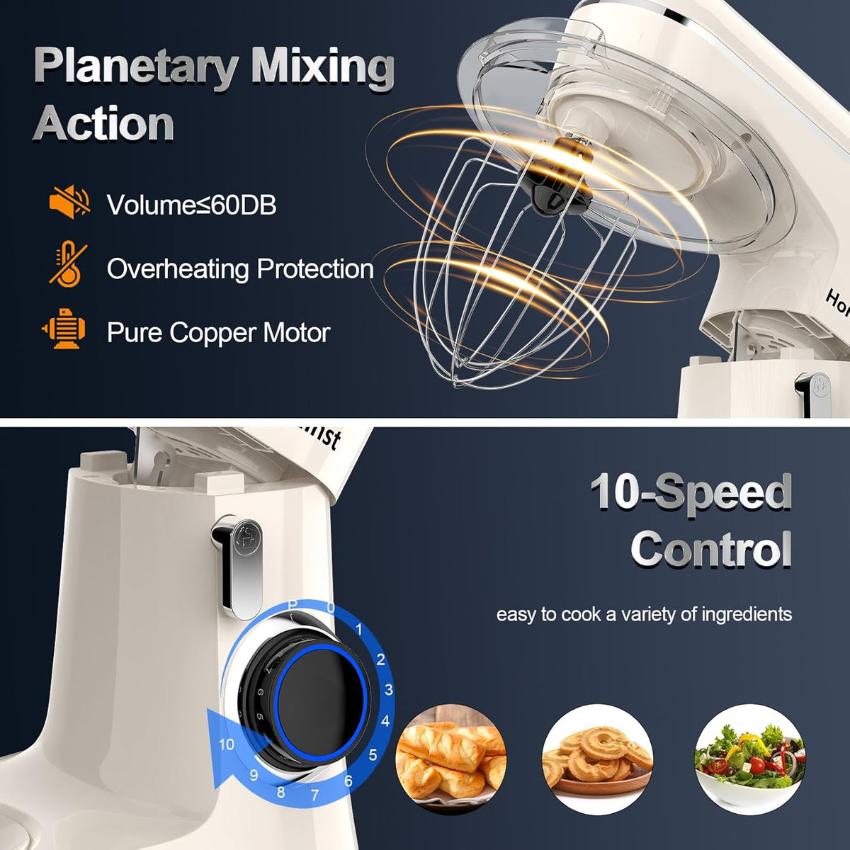 Stand Mixer, 6.5QT 10-Speed Tilt-Head Electric Stand Mixer, 3-In-1 Kitchen Mixer with Bowl, Dough Hook, Whisk and Beater, Food Mixer for Baking, Cake and Most Home Cooks, Beige