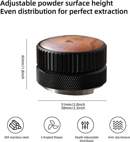 Bincoo 51mm Espresso Distributor Hand Tamper - Adjustable Coffee Leveler Tool for 51mm Portafilter, Walnut Wood Lid