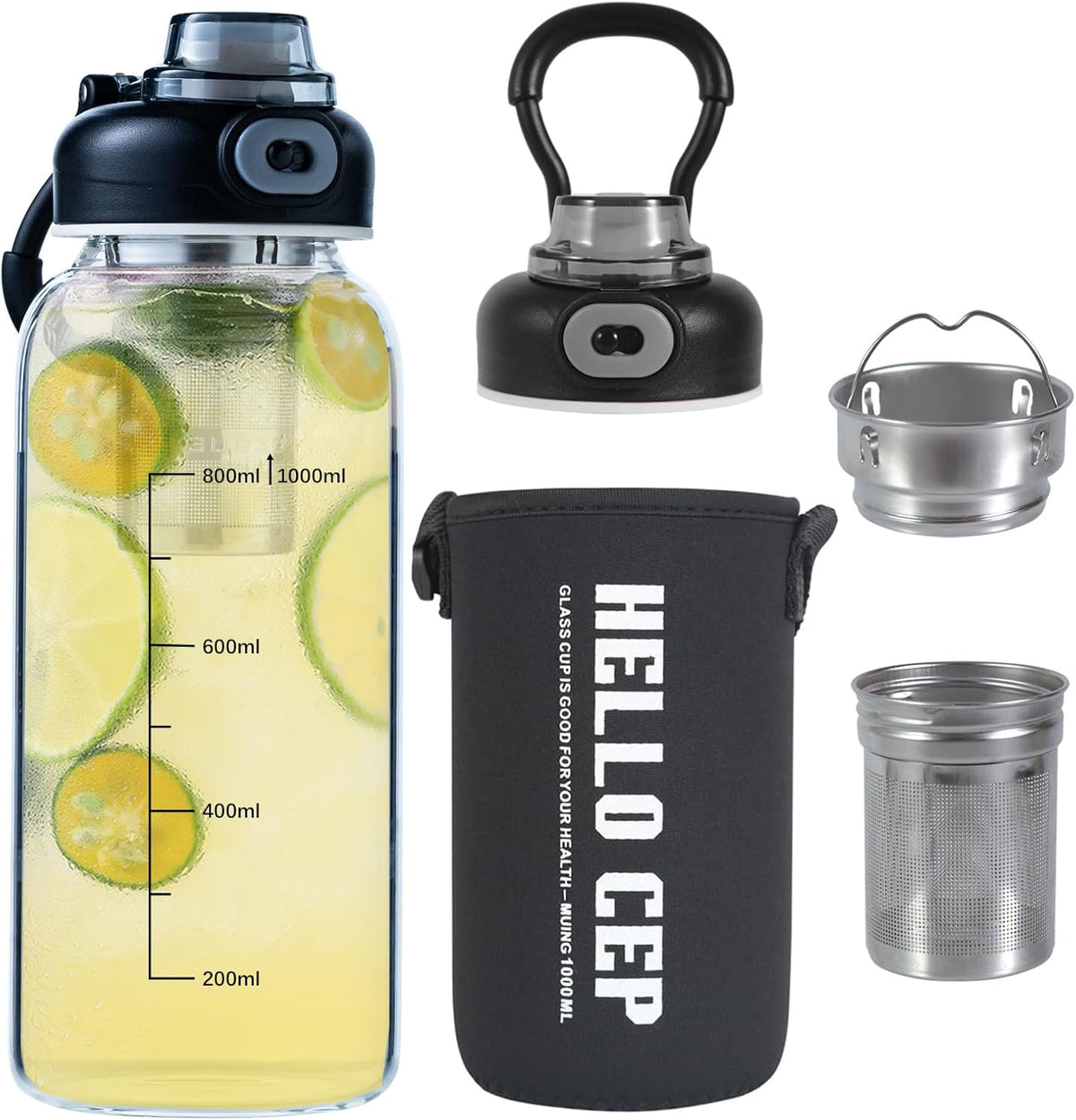 34oz tea bottle with infuser - Large Capacity Glass Water Bottle, With Time Mark, Stainless Steel Tea Strainer,Sleeve, BPA Free