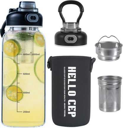 34oz tea bottle with infuser - Large Capacity Glass Water Bottle, With Time Mark, Stainless Steel Tea Strainer,Sleeve, BPA Free