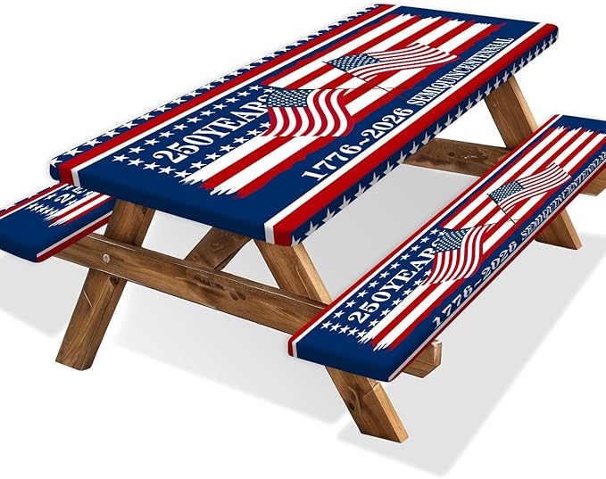 250th Anniversary America Flag Picnic Table Cover with Bench Covers Camping Essentials 250 USA Flag 1776-2026 Waterproof Fitted Camping Tablecloth Cover with Elastic Edge for Outdoor 3 PCS 30x72 Inch