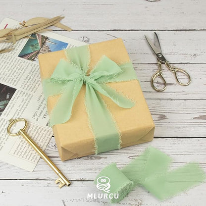 Sage Green Chiffon Ribbon 1-1/2 Inch x 21Yards Handmade Fringe Chiffon Silk Ribbon Boho Frayed Ribbon Sage Green Ribbon for Gift Wrapping, Wedding Invitation, Bridal Flower Bouquets