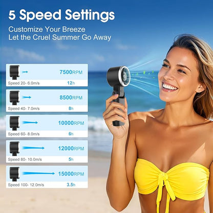 WHATOOK Portable Handheld Turbo Fan: 12m/s Strong Wind 15000RPM High Speed Mini Fan, 4000mAh Battery Rechargeable Personal Fan with LED Display, 3 in 1 Foldable Fan for Tech Gift, (Black)