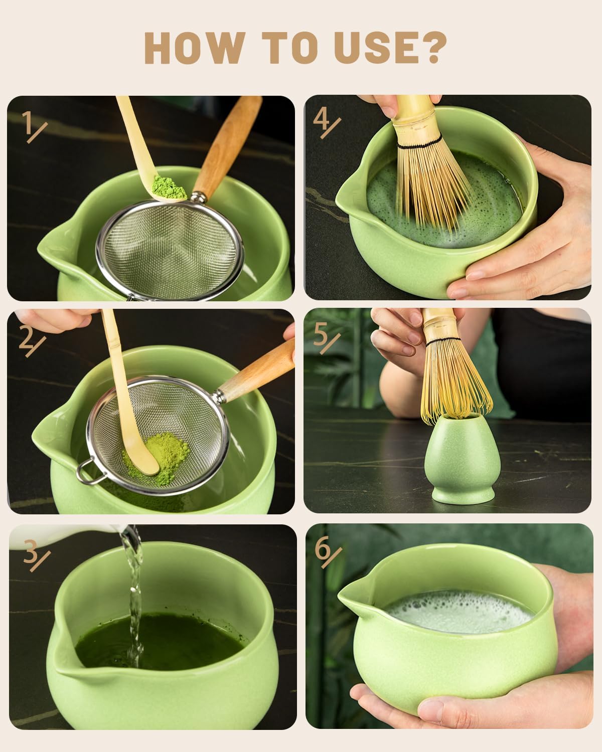 Nucookery Matcha Set - 6 PCS Matcha Whisk Set, 18OZ Matcha Bowl (Chawan) with Spout, Matcha Whisk (Chasen) and Holder, Bamboo Matcha Scoop and Sifter, Matcha Kit/Tools/Accessories for Tea Ceremony