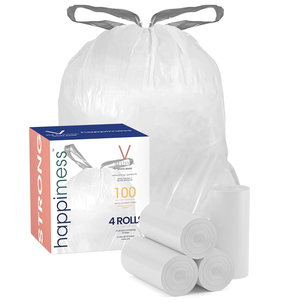 happimess HPM3000V-WHITE 30 Gallon Drawstring Unscented Trash Can Liner for Business Home Kitchen Commercial and Industrial White (100-Count, 4-Rolls of 25 Liners)