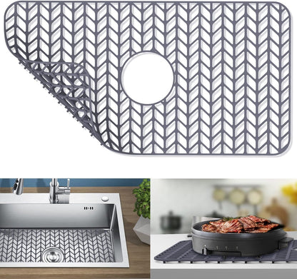 Silicone Protectors for Kitchen Sink, GUUKIN 26''x 14'' Sink Mat Grid for Bottom of Farmhouse Stainless Steel Porcelain with Center Drain (Grey)