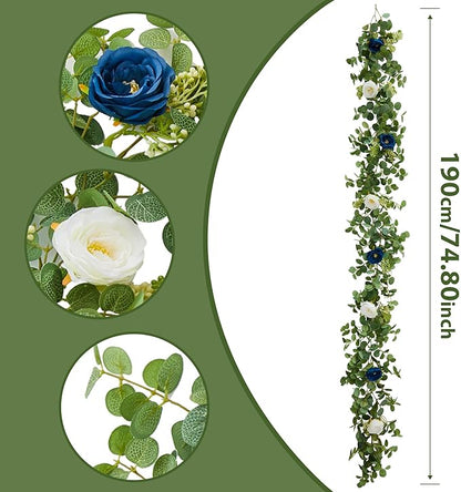 PARTY JOY 6.56ft Eucalyptus Garland with Flowers-8 Blue White Roses, Artificial Fake Flowers Greenery Garland Floral Vines for Decoration Party Wedding Table Indoor Outdoor Backdrop Wall Decor
