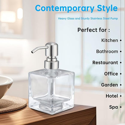 Hand Soap Dispenser Square with Brushed Nickel Pump, 8.4 oz Liquid Clear Glass Soap Dispenser with Stainless Steel Pump for Dish Soap Bathroom Kitchen Vanity Countertop
