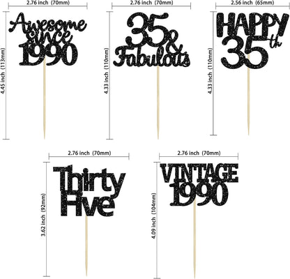 Gyufise 30 Pack Vintage 1989 Cupcake Toppers Black Glitter Thirty Five Happy 35 Cake Decorations Cheers to 35 Years Birthday Cupcake Picks 35th