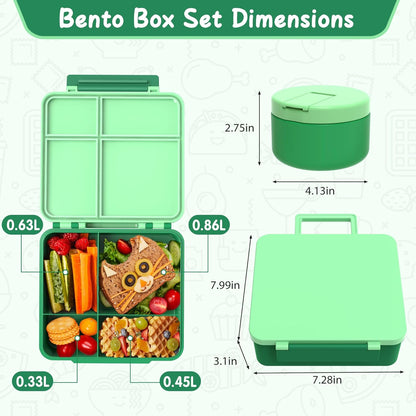 Bento Lunch Box with 8oz Soup Thermo, Leak-Proof Lunch Containers with 4 Compartment, Thermo Hot Food Jar and Insulated Lunch Box for School Green