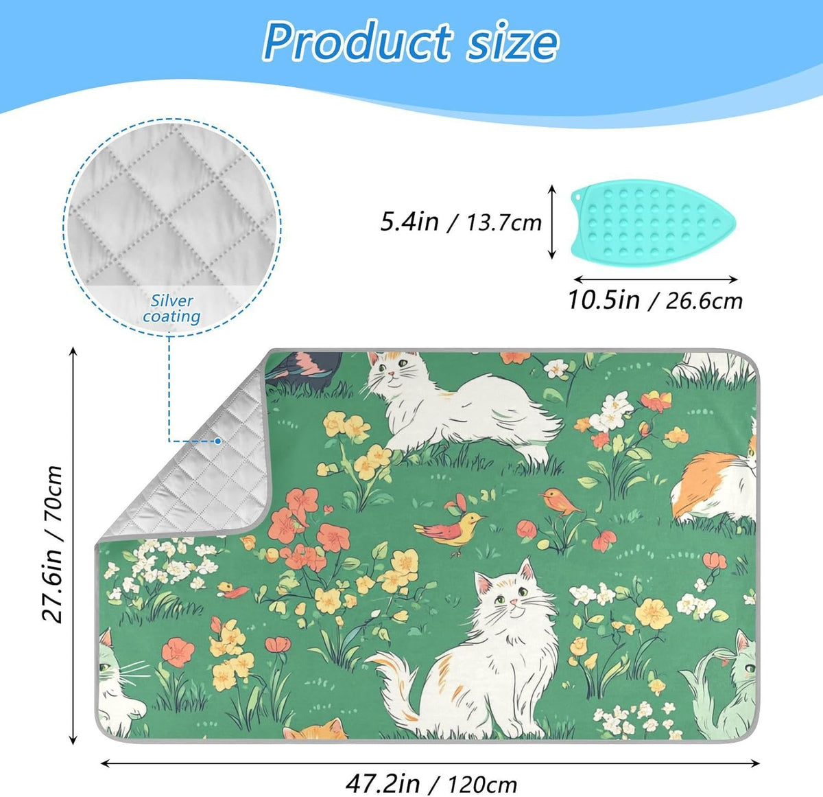 Ironing Mat Portable Ironing Pad Ironing Blanket for Table Top Heat Resistance Double-Side Using Travel Large 47.2 x 27.6 Inch Foldable Lightweight Green Spring Persian Cat and Hummingbird