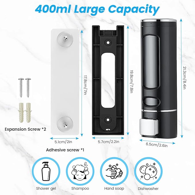 Wall Mounted Hand Soap Dispenser, 400ml Bathroom Shower Dispenser Gel Container Shower Pump Dispenser and Organizer for Bathroom Kitchen Hotel, Refillable Liquid Lotion Soap Dispenser, Black