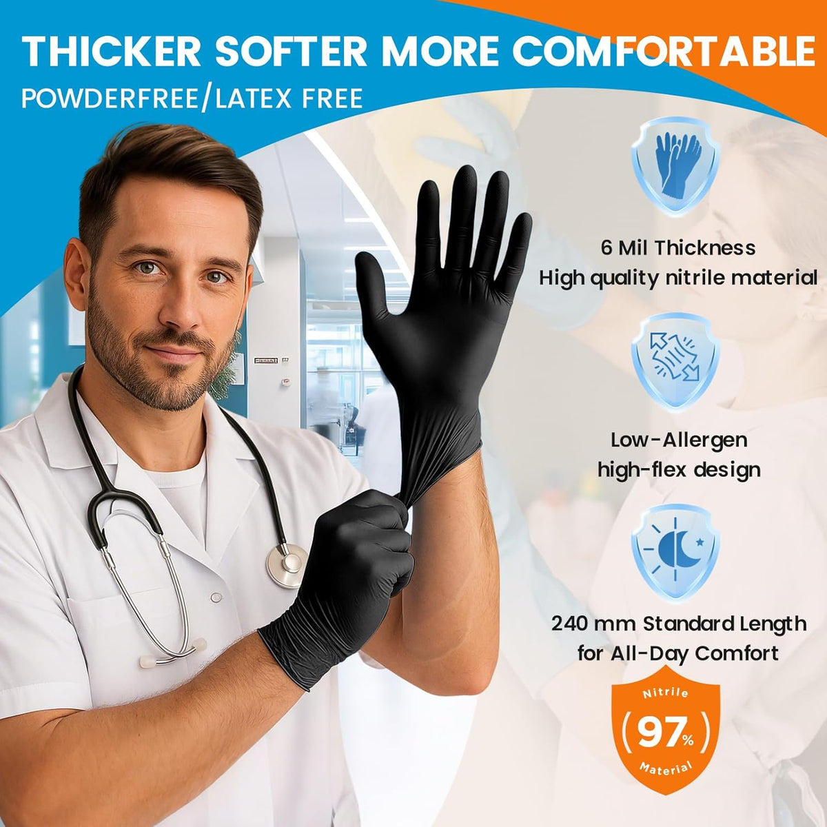 6 mil Disposable Nitrile Gloves, Heavy Duty Disposable Glove, Cooking Gloves, Latex Free, Powder Free (Black of 100, X-Large)