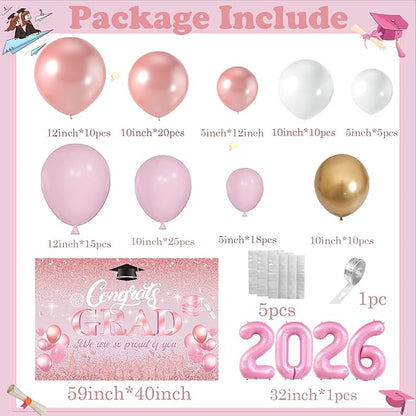 Pink Graduation Decorations Class Of 2026 - Graduation Balloon Arch Kit With Pink Rose Gold Balloons, Grad Backdrop, 2026 Foil Balloons For Girls High College School Decor