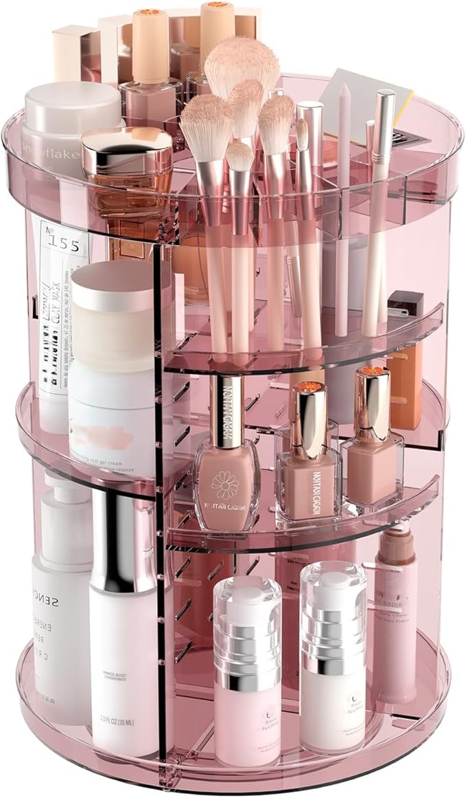 Jiavarry 360 Rotating Makeup Organizer with Lipstick Slots, 8 Adjustable Layers Spinning Skincare Organizers, Large Capacity Desk Storage, Carousel Cosmetic Shelf for Vanity Bathroom Countertop