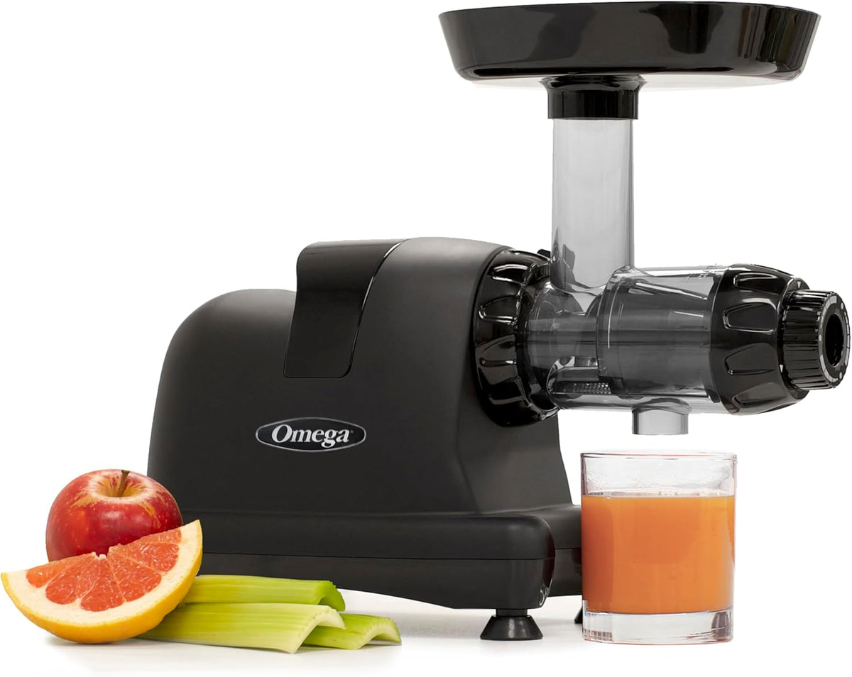 Omega Cold Press Juicer Machine, Vegetable and Fruit Juice Extractor and Nutrition System Makes Nut Milks Baby Food and Sorbets, Triple-Stage 80-RPM Slow Masticating Juicer, 200-Watts, Black