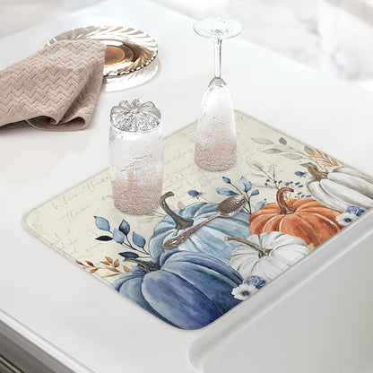Fall Dish Drying Mat for Kitchen Counter Blue Pumpkin Drying Pad Absorbent Drying Mats for Countertops Sinks Draining Racks Floral Leaves Drainer