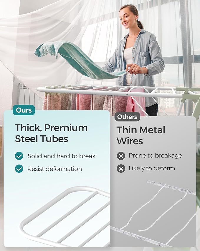 SONGMICS Clothes Drying Rack, Foldable 2-Level Laundry Drying Rack, Free-Standing Laundry Airer, with Height-Adjustable Wings, 33 Drying Rails, Sock Clips, White and Green ULLR053C01V1