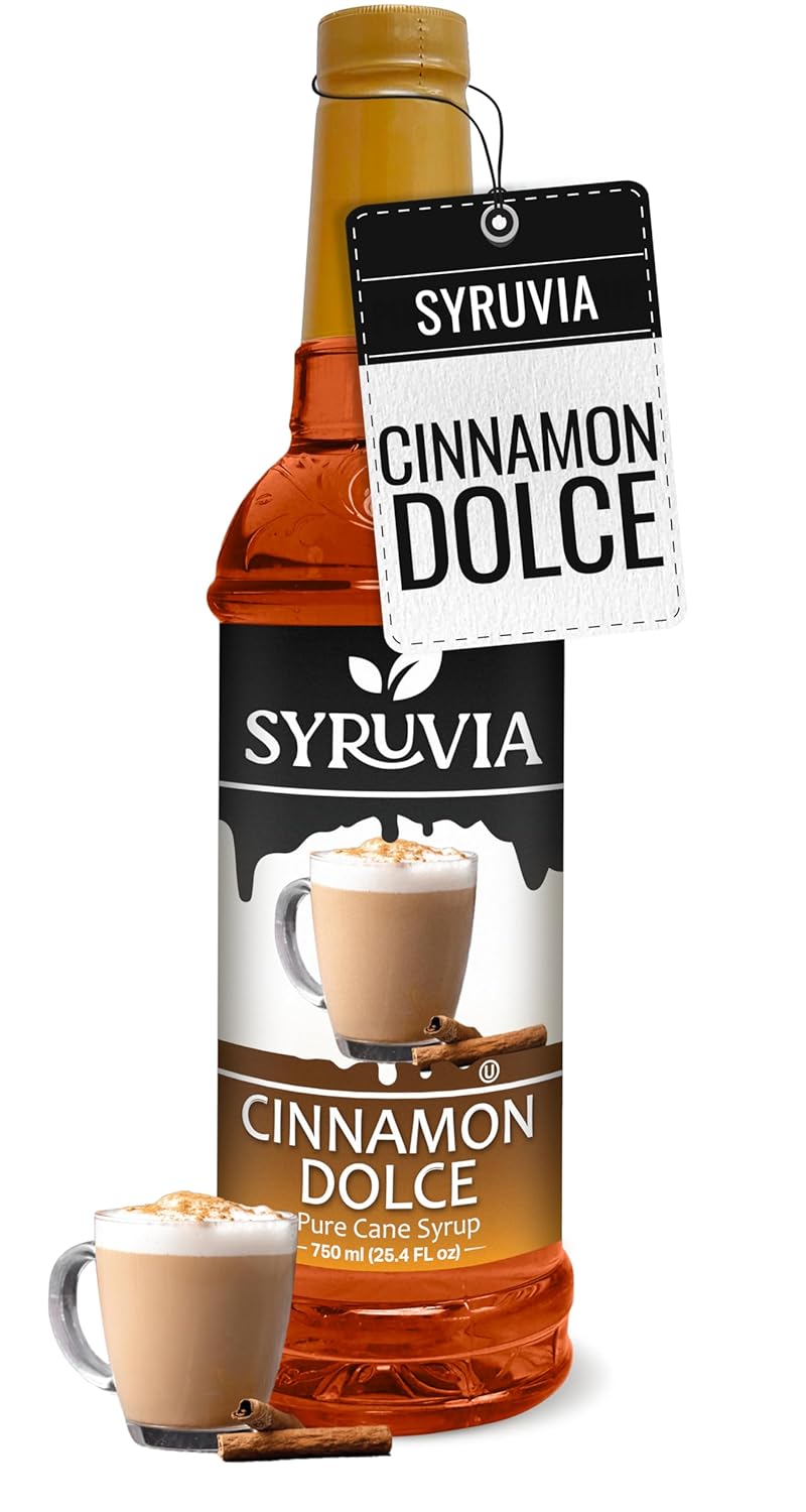 Syruvia Cinnamon Dolce Coffee Syrup - 25.4 fl oz. Kosher and Gluten-Free. Perfect for Enhancing Drinks, Sodas, Shakes, Desserts, and More.