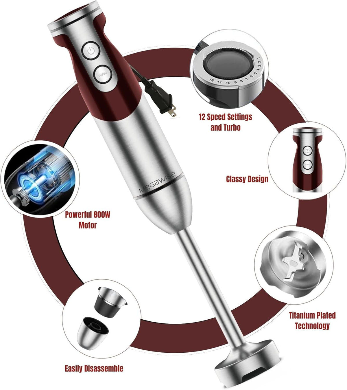 MegaWise Pro Titanium Reinforced 3-in-1 Immersion Corded Hand Blender, Powerful Motor with 80% Sharper Blades, 12-Speed Corded Blender