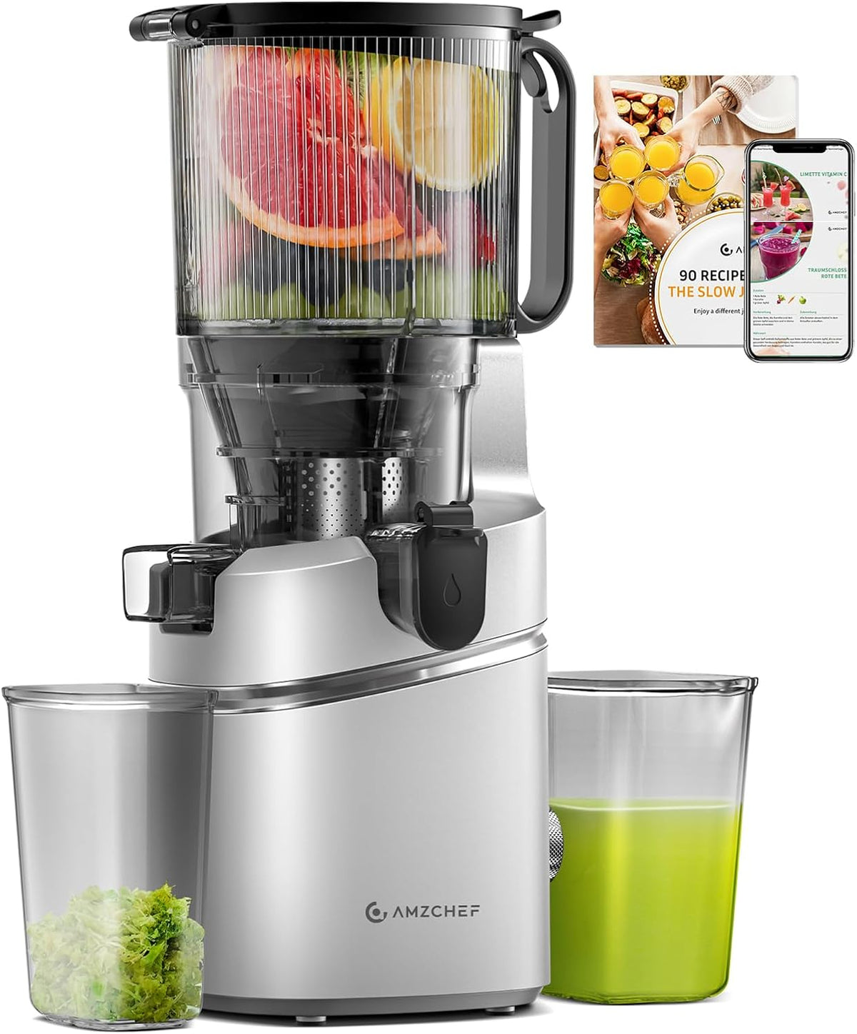 AMZCHEF Juicer Machines, 5.8" Extra Self-Feeding Cold Press Juicer for Whole Vegetable & Fruit, Juice Extractor Machine with Large Auger & Triple Strainers, Easy to Clean, High Juice Yield, Silver