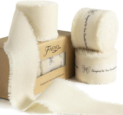 Ivory Cotton Ribbon 1-1/2 Inch Ivory 3 Rolls 21 Yards Frayed Edge Fabric Set for Wedding Invitations, Bridal Shower, Anniversary Celebration, Elegant Event Decor & Gift Wrapping