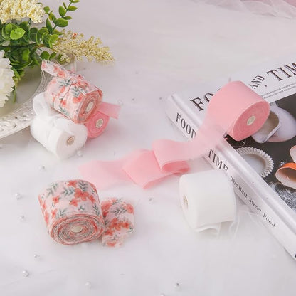 Handmade Fringe Floral Silk Chiffon Ribbons 1.5" x 7 Yards, 3 Rolls 21 Yards Pink Floral Ribbons Set for Wedding Invitations, Bridal Bouquets, Gifts Wrapping, DIY Crafts Decoration