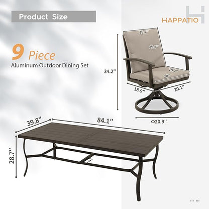 HAPPATIO Aluminum 9 Piece Patio Dining Set, Outdoor Swivel Dining Chairs and Dining Table, Aluminum Outdoor Dining Set for 8, Patio Dining Furniture with Washable Cushions (Black)