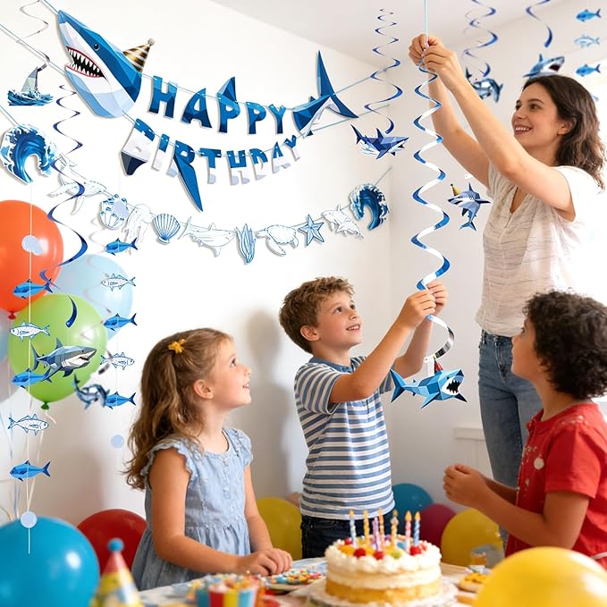 SUNBEAUTY Shark Birthday Party Decorations Shark Birthday Banner Ocean Theme Party Decoration Under The Sea Shark Garland Blue Ocean Swirls Hanging Wall Decor for Boys Baby Shower Beach Summer Party